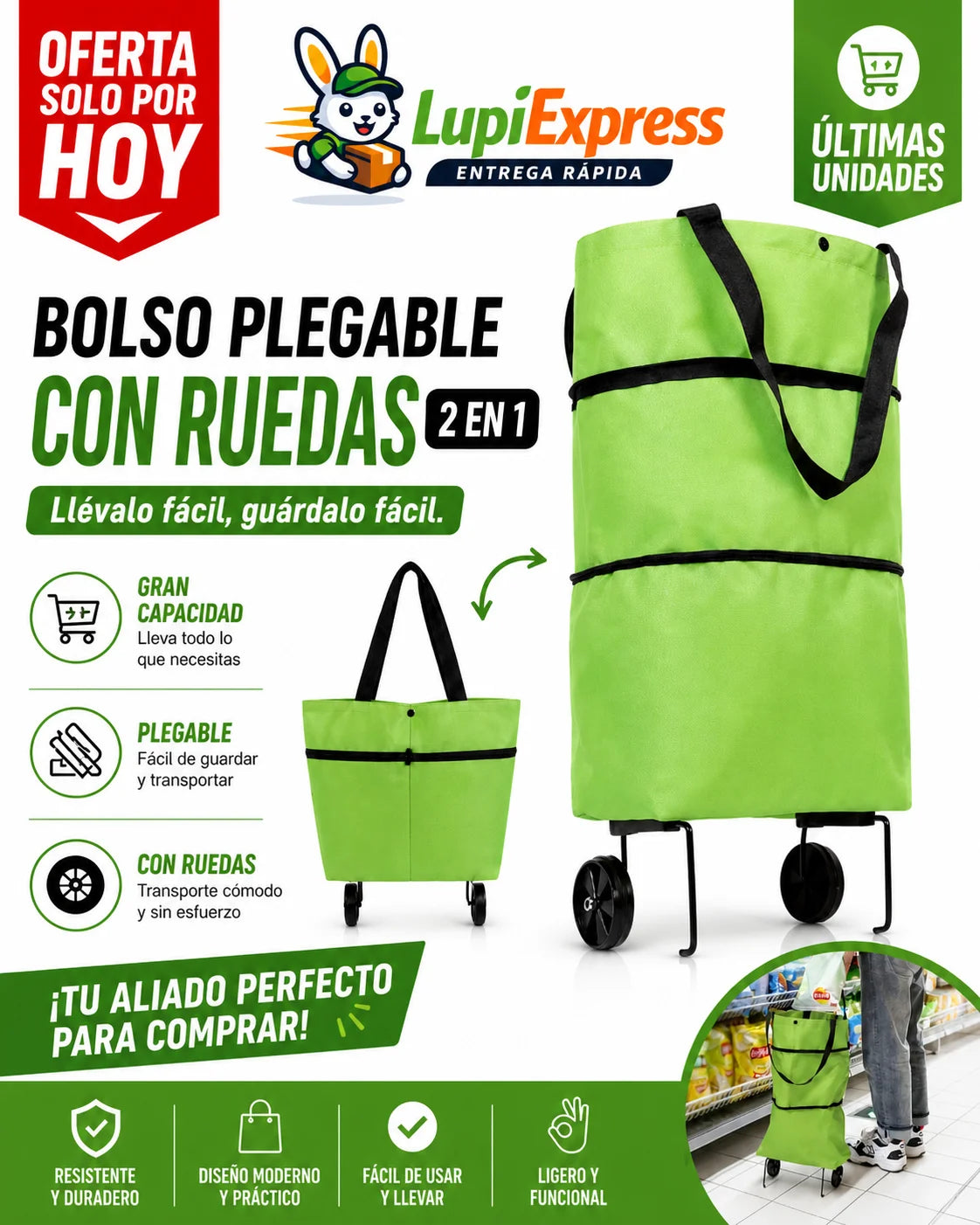 Bolso Plegable Con Ruedas (2 en 1)